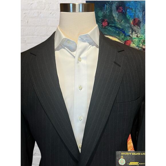 Vtg Society Brand by Hartmarx 44R Gray with Blue Red Chalk Stripe Blazer Jacket - Picture 4 of 16